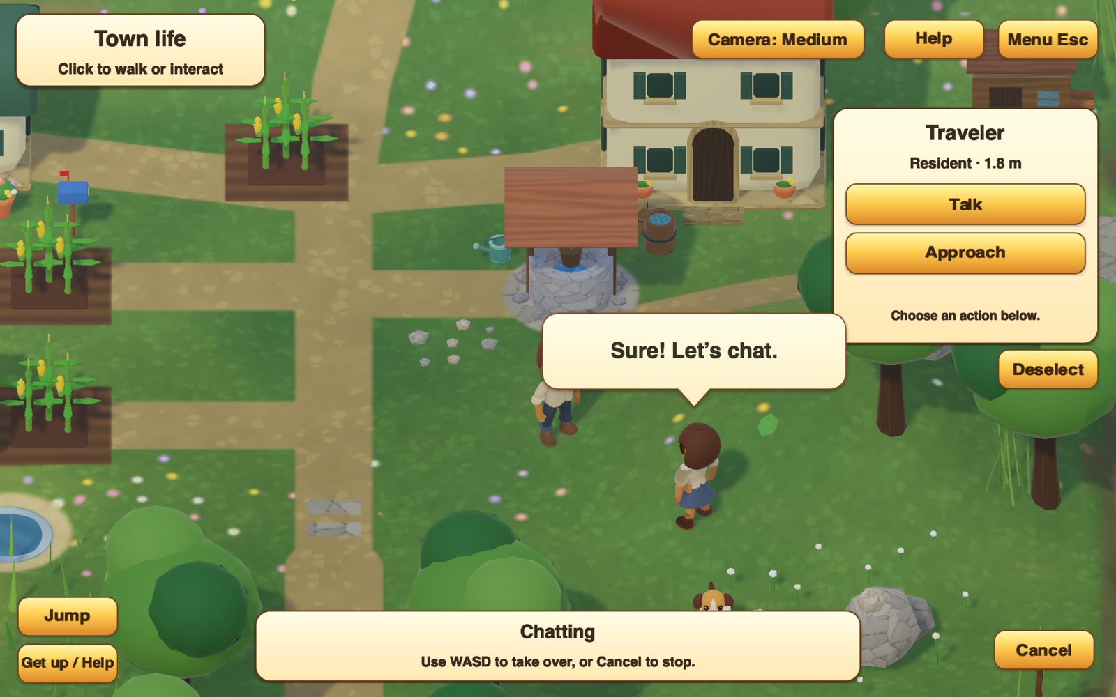 The player talks with a resident by the well; a speech bubble reads “Sure! Let’s chat.”
