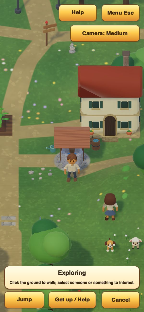 The town on a phone screen with large touch buttons along the bottom.